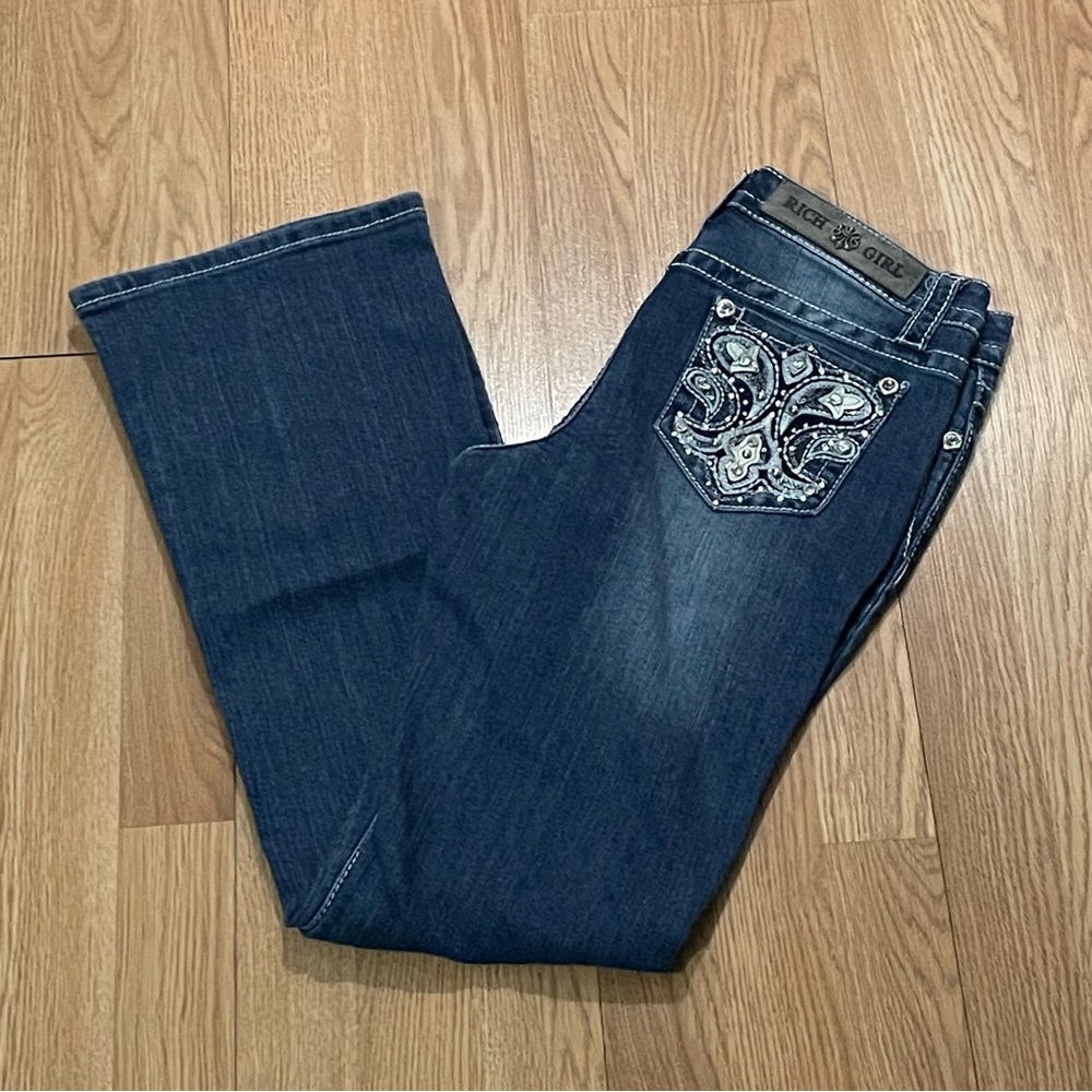 Rich Girl Women’s Bootcut Jeans 9 (30x31) Blue Dark Wash Embroidered Westerns